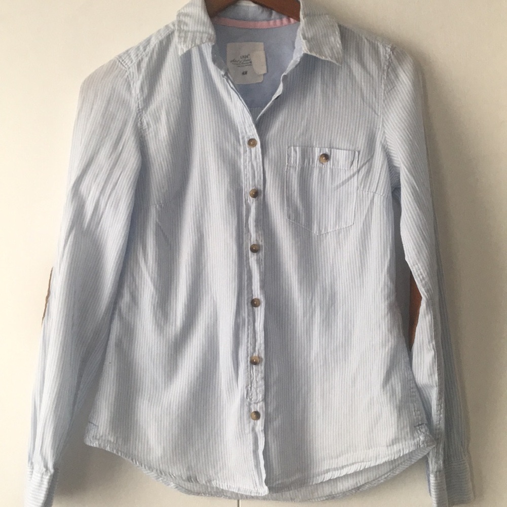 H&M Logg blue striped button up brn elbow patches